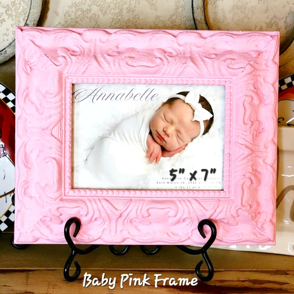Ornate Baby Pink Frame w/ Stand. Holds up to 5x7 photo or birth announcement